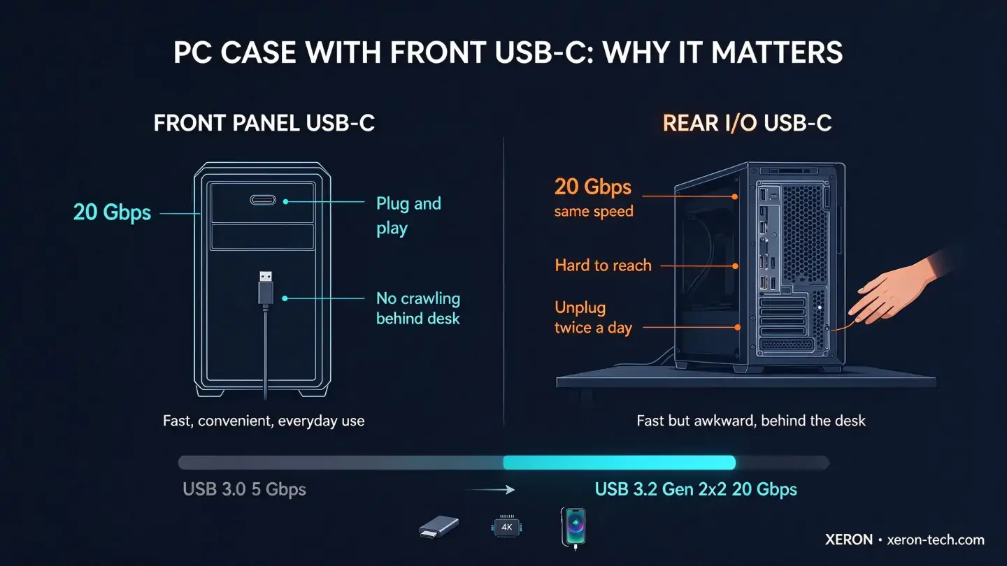 PC case with front USB-C comparison: front panel 20Gbps convenience vs rear I/O awkward reach, USB 3.0 5Gbps vs USB 3.2 20Gbps speed