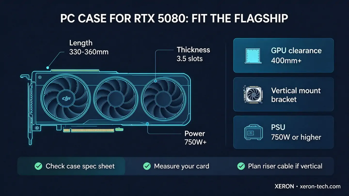 PC case for RTX 5080 compatibility guide: card length 330-360mm, 3.5 slots thick, 750W PSU, 400mm GPU clearance