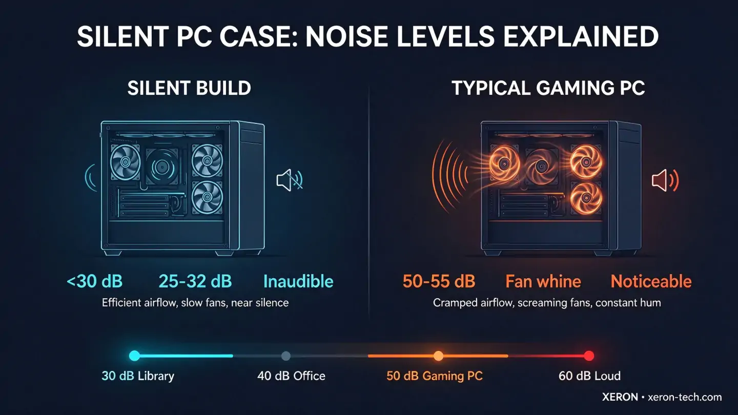 Silent PC case noise levels comparison: silent build under 30 dB vs typical gaming PC at 50-55 dB, with dB scale from library to loud
