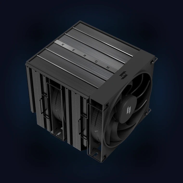 XERON MAX A62 dual-tower air cooler with six heatpipes, a brushed aluminium top cover and a 120mm fan
