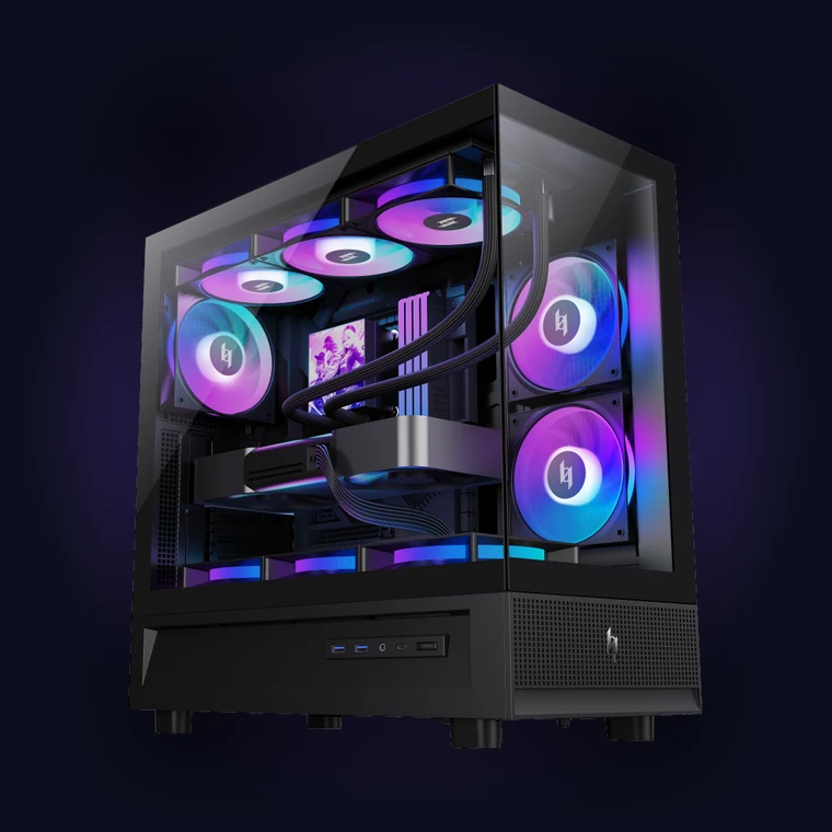 XERON NEX C51 narrow pillar-free panoramic ATX gaming case with a 222mm wide body and ARGB fans