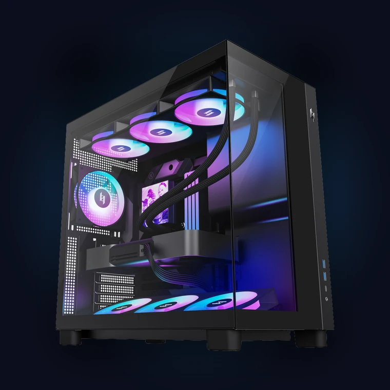 XERON NEX C53 compact panoramic gaming case with a front-mounted power supply chamber, multi-angle fan bracket and four ARGB fans