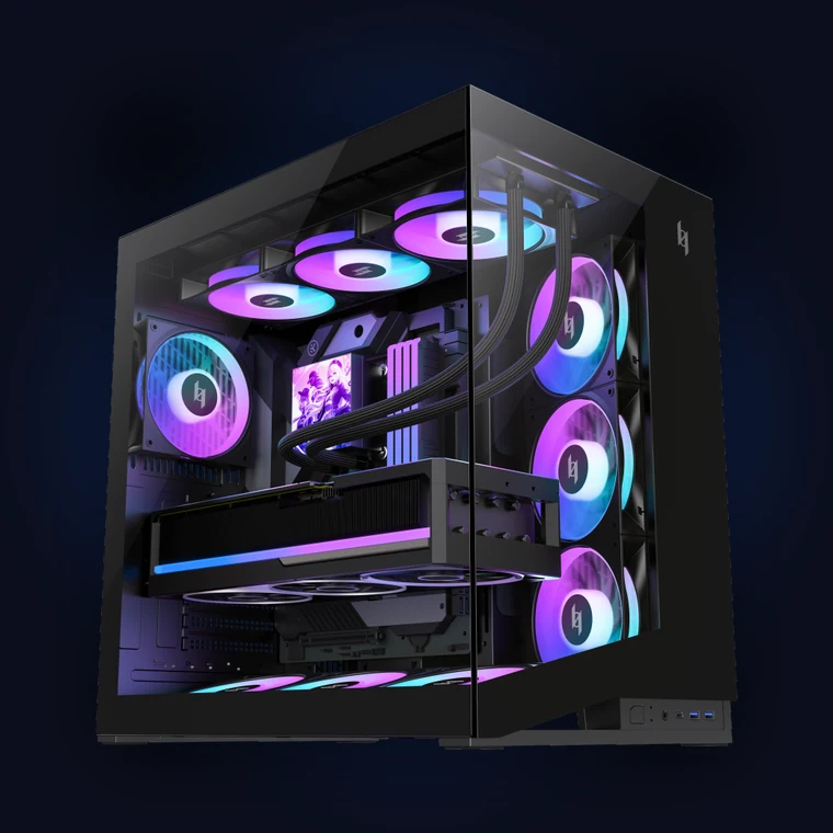 XERON NEX C56 panoramic dual-chamber ATX gaming case with 12-degree angled intake fans, vertical GPU mount and an ARGB fan array