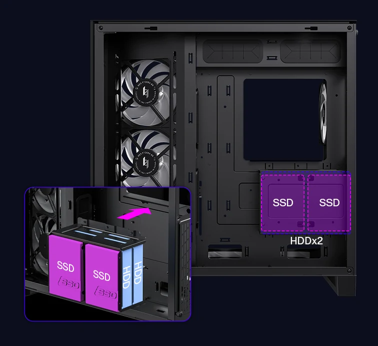 XERON NEX C56 dual-chamber drive layout showing two 3.5-inch HDD mounts on the motherboard tray and SSD mounts in the front chamber with a 2.5-inch and 3.5-inch drive in the front