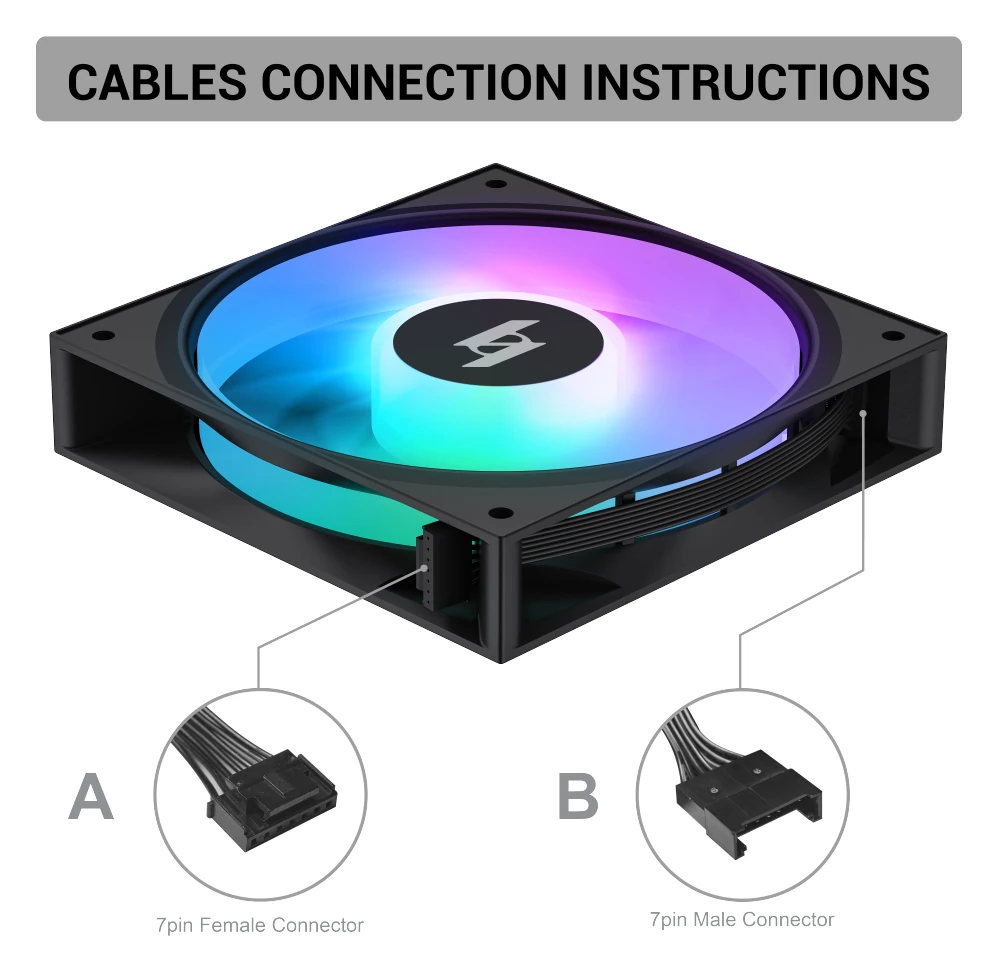 XERON NEX F120A single fan cable connection instructions showing the 7-pin female connector and 7-pin male connector positions on the fan frame